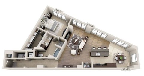 Floor plan for 1 bed, 1 bath, 1231 sqft